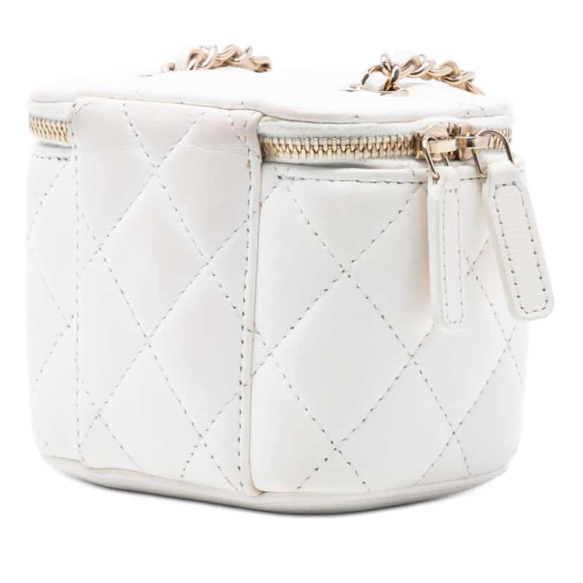 Chanel Mini Quilted Lambskin Camellia Bow Vanity Case with Chain White Leather Good condition - Back View