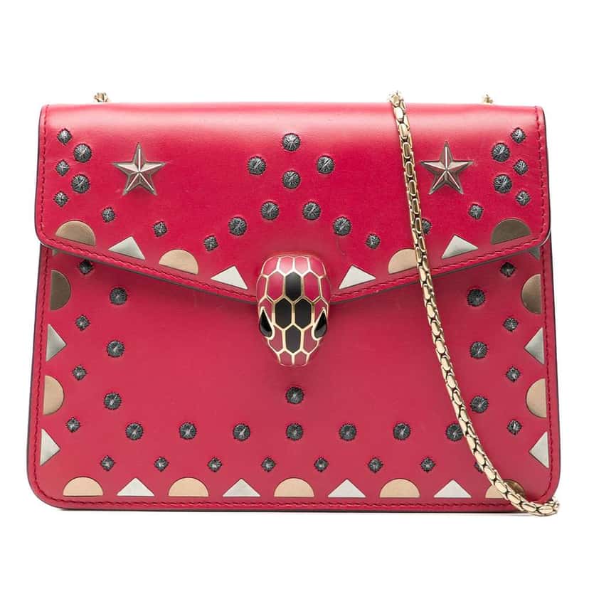 Bvlgari Small Studded Leather Laser Cut Square Serpenti Forever Chain Crossbody Red Leather Very good condition - Front View
