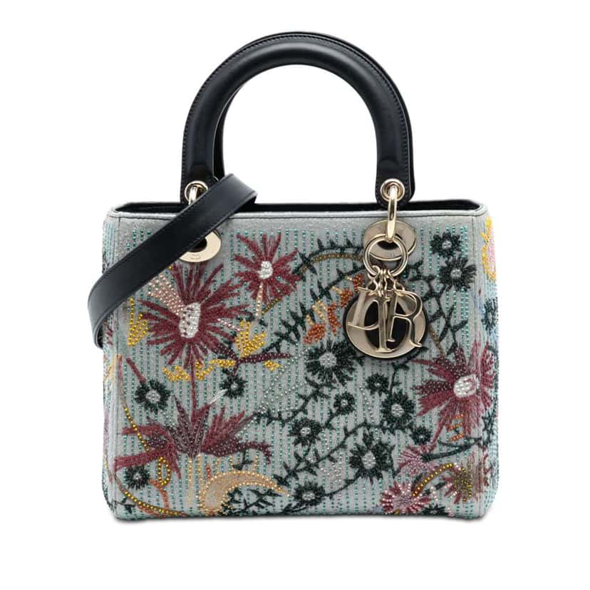 Dior Medium Canvas and Calfskin Beaded Embroidered Jardin De Minuit Lady Dior Grey Canvas Good condition - Front View