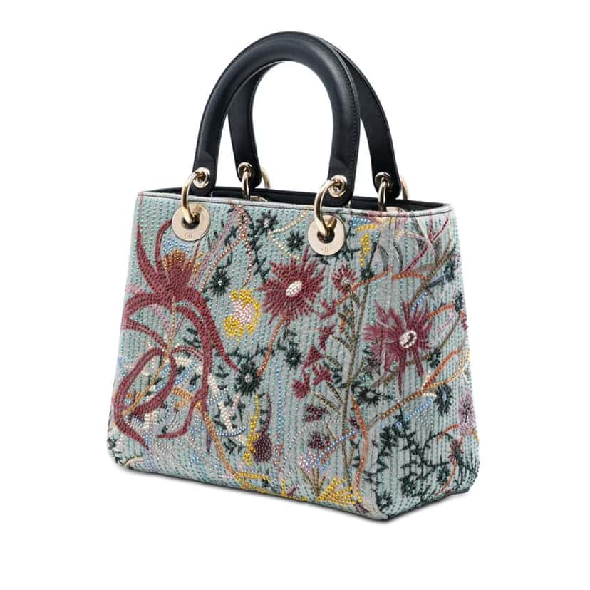 Dior Medium Canvas and Calfskin Beaded Embroidered Jardin De Minuit Lady Dior Grey Canvas Good condition - Back View