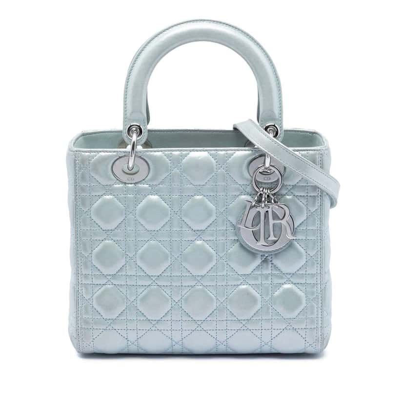 Dior Medium Iridescent Lambskin Cannage Lady Dior Blue Leather Good condition - Front View