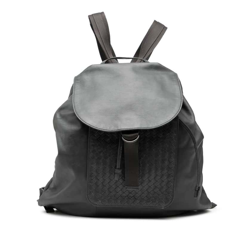 Bottega Veneta Intrecciato Trimmed Leather Drawstring Backpack Grey Leather Good condition - Front View