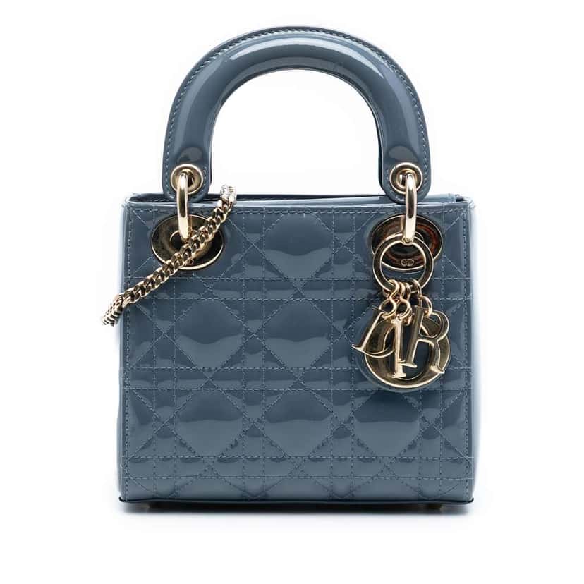 Dior Mini Patent Cannage Lady Dior Blue Leather Good condition - Front View