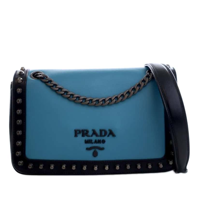 Prada Bicolor Glace Calfskin Studded Crossbody Blue Leather Very good condition - Front View