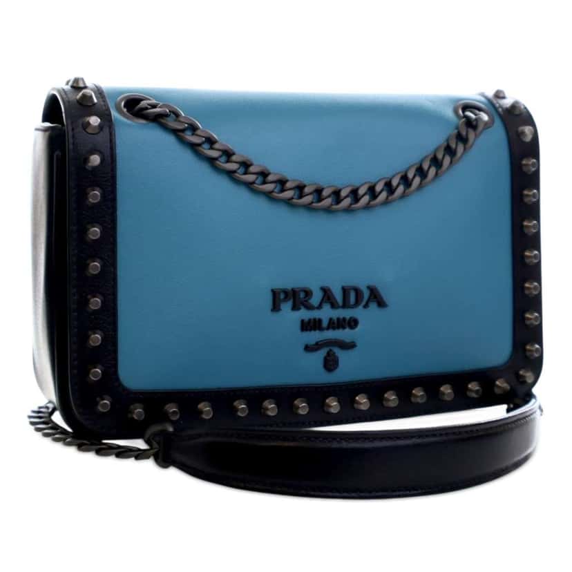 Prada Bicolor Glace Calfskin Studded Crossbody Blue Leather Very good condition - Back View