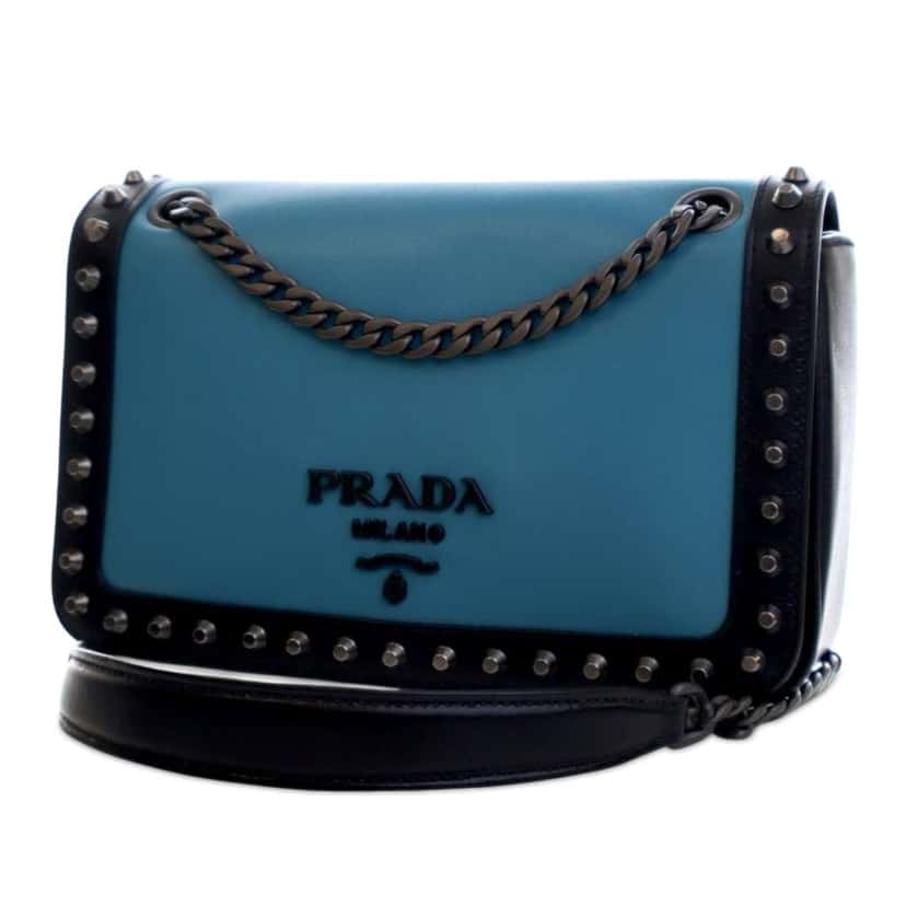 Prada Bicolor Glace Calfskin Studded Crossbody Blue Leather Very good condition - Inside View