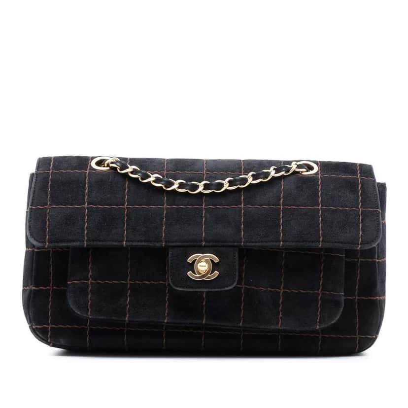 Chanel CC Choco Bar Suede Stitched Chain Flap Black Leather Very good condition - Front View
