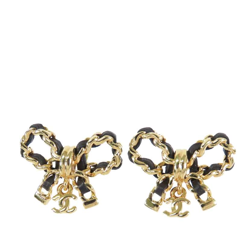 Chanel CC Leather Woven Gold Plated Bow Earrings Gold Metal Good condition - Front View