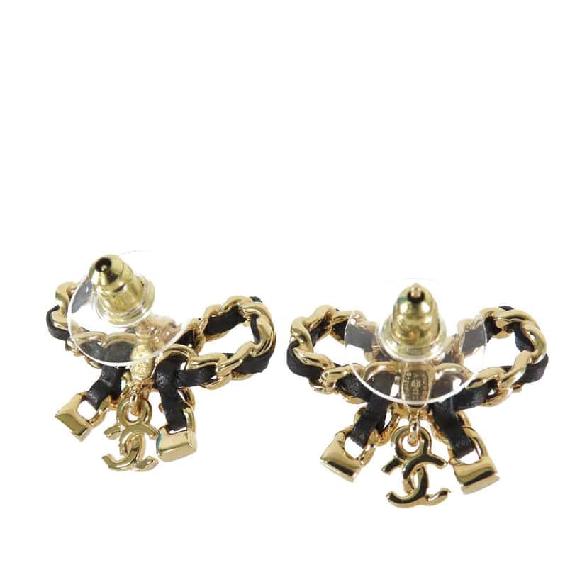 Chanel CC Leather Woven Gold Plated Bow Earrings Gold Metal Good condition - Back View