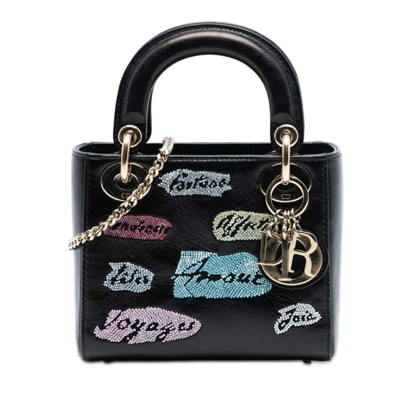 Dior Mini Calfskin Beaded Lady Dior Black Leather Very good condition - Front View