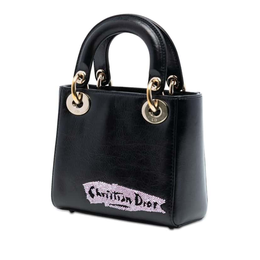 Dior Mini Calfskin Beaded Lady Dior Black Leather Very good condition - Back View