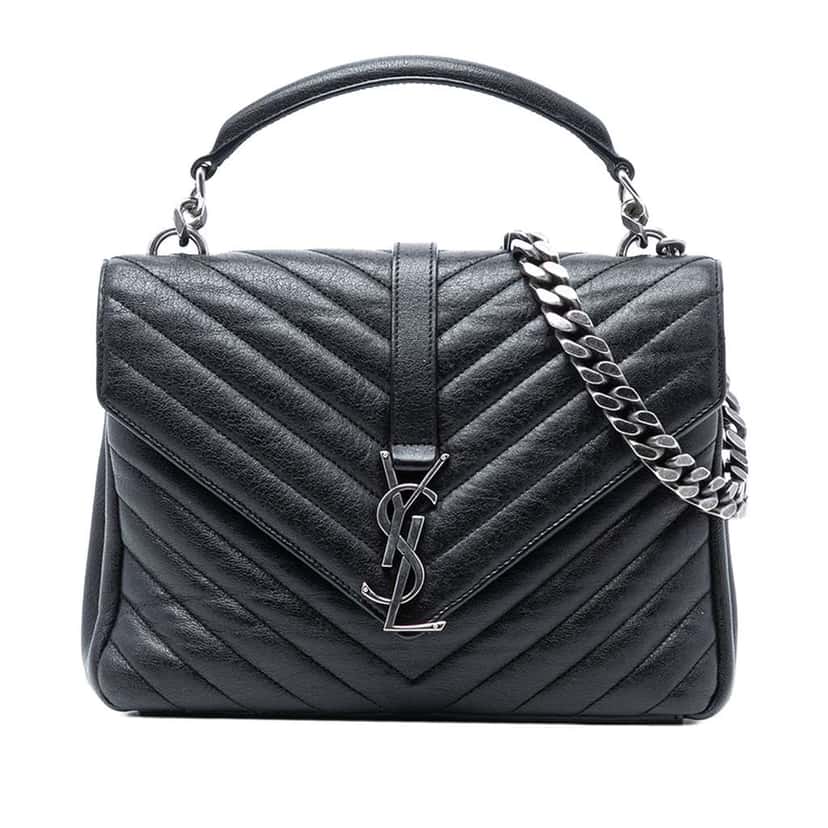 Saint Laurent Medium Chevron Sheepskin Monogram College Satchel Black Leather Very good condition - Front View