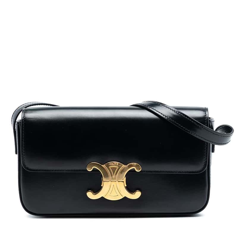 Celine Shiny Calfskin Triomphe Claude Shoulder Bag Black Leather Good condition - Front View