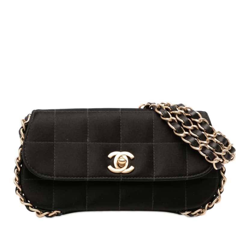 Chanel Mini Chocolate Bar Satin Triple Chain Single Flap Black Satin Good condition - Front View