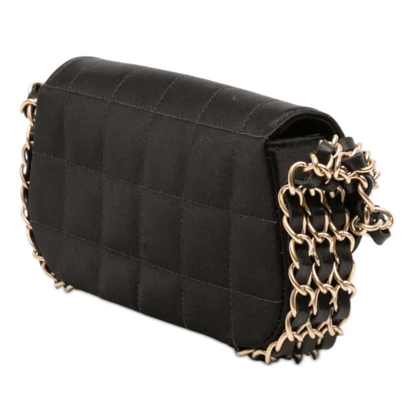Chanel Mini Chocolate Bar Satin Triple Chain Single Flap Black Satin Good condition - Back View