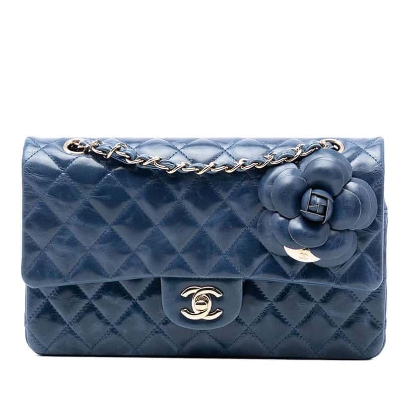 Chanel Medium Classic Glazed Calfskin Camellia Double Flap Blue Leather Very good condition - Front View