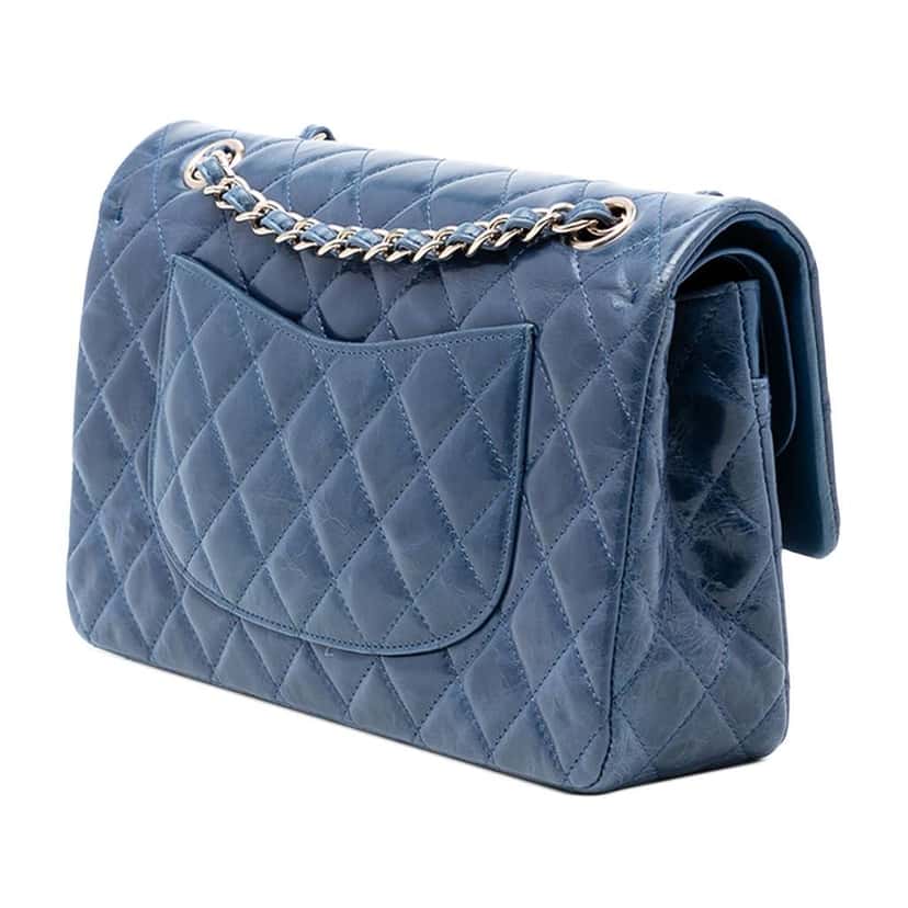 Chanel Medium Classic Glazed Calfskin Camellia Double Flap Blue Leather Very good condition - Back View