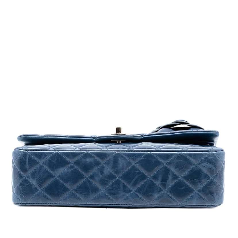 Chanel Medium Classic Glazed Calfskin Camellia Double Flap Blue Leather Very good condition - Inside View