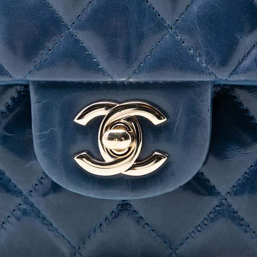 Chanel Medium Classic Glazed Calfskin Camellia Double Flap Blue Leather Very good condition - Box View