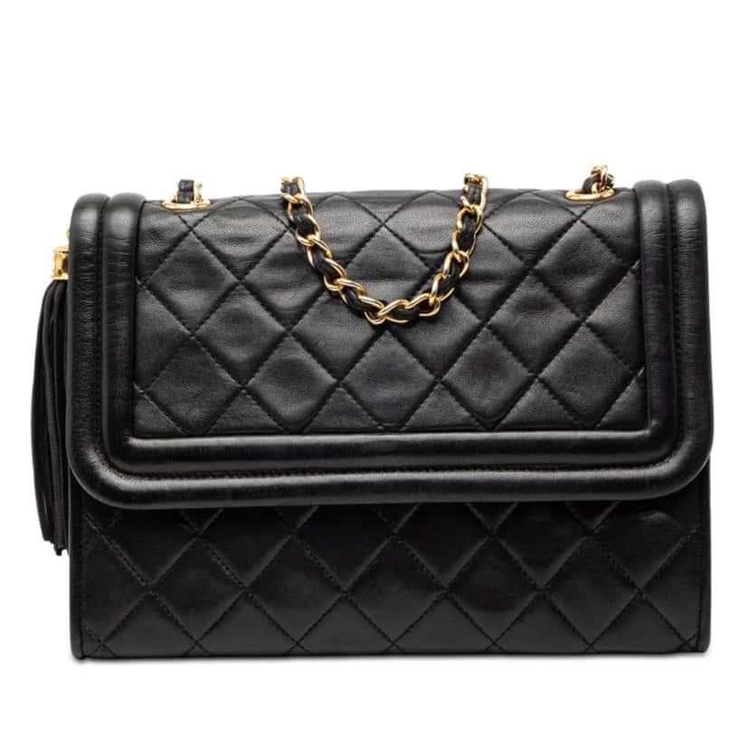 Chanel Quilted Lambskin Tassel Flap Black Leather Good condition - Front View