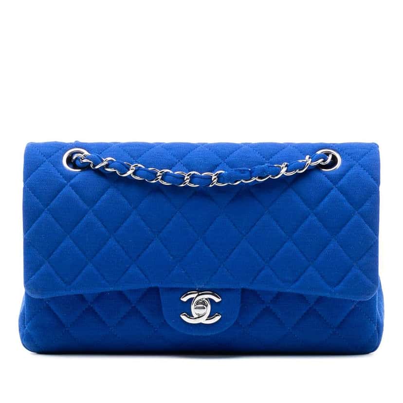 Chanel Medium Classic Jersey Double Flap Blue Cotton Very good condition - Front View