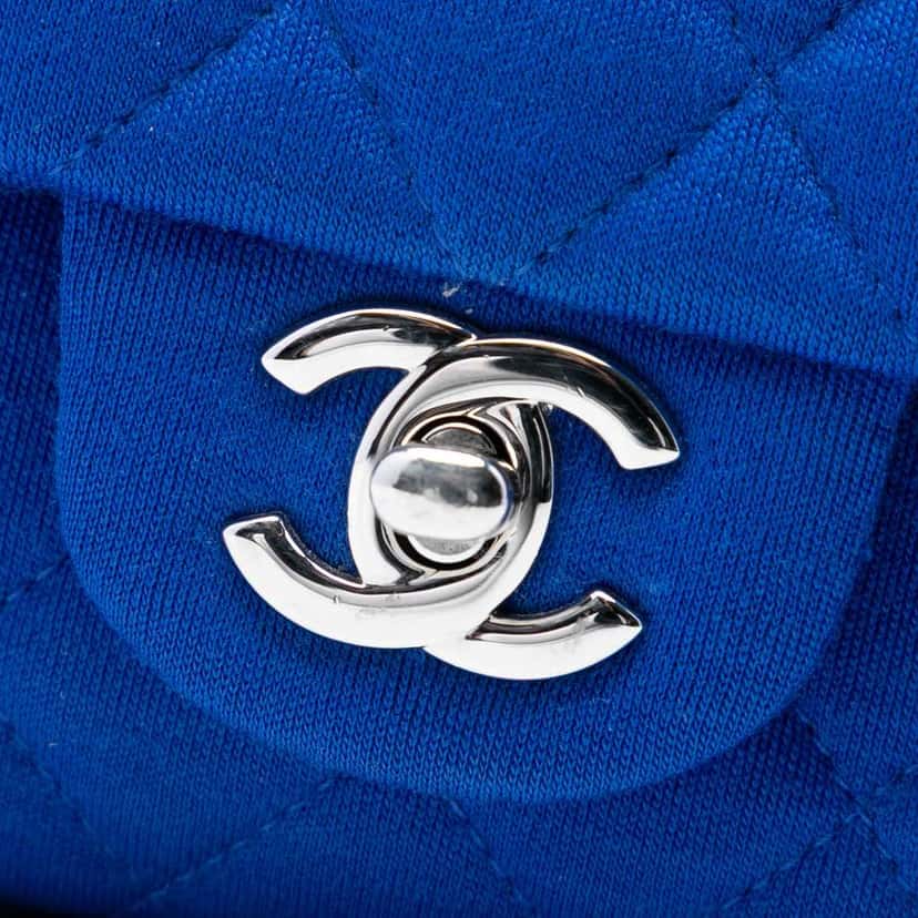 Chanel Medium Classic Jersey Double Flap Blue Cotton Very good condition - Box View