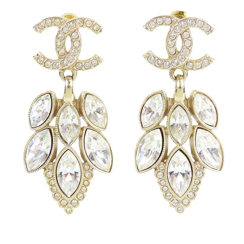 Chanel CC Gold Plated Rhinetone Drop Earrings Gold Metal Good condition - Front View