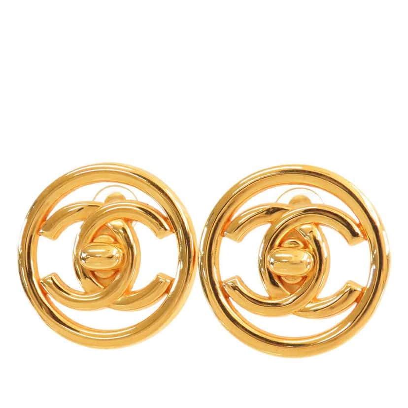 Chanel Gold Plated CC Encircled Turn Lock Clip On Earrings Gold Metal Good condition - Front View