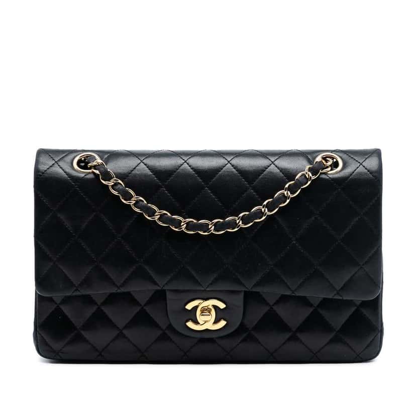 Chanel Medium Classic Lambskin Double Flap Black Leather Good condition - Front View