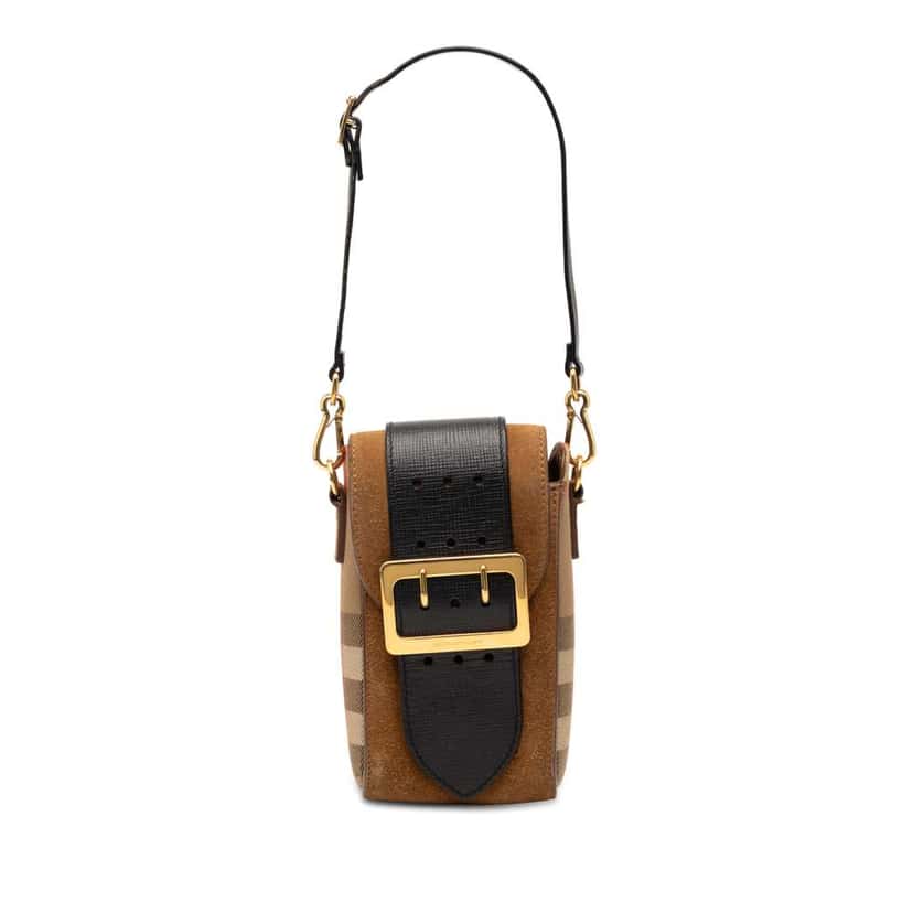 Burberry House Check Canvas and Suede Vertical Belt Buckle Handbag Brown Leather Good condition - Front View