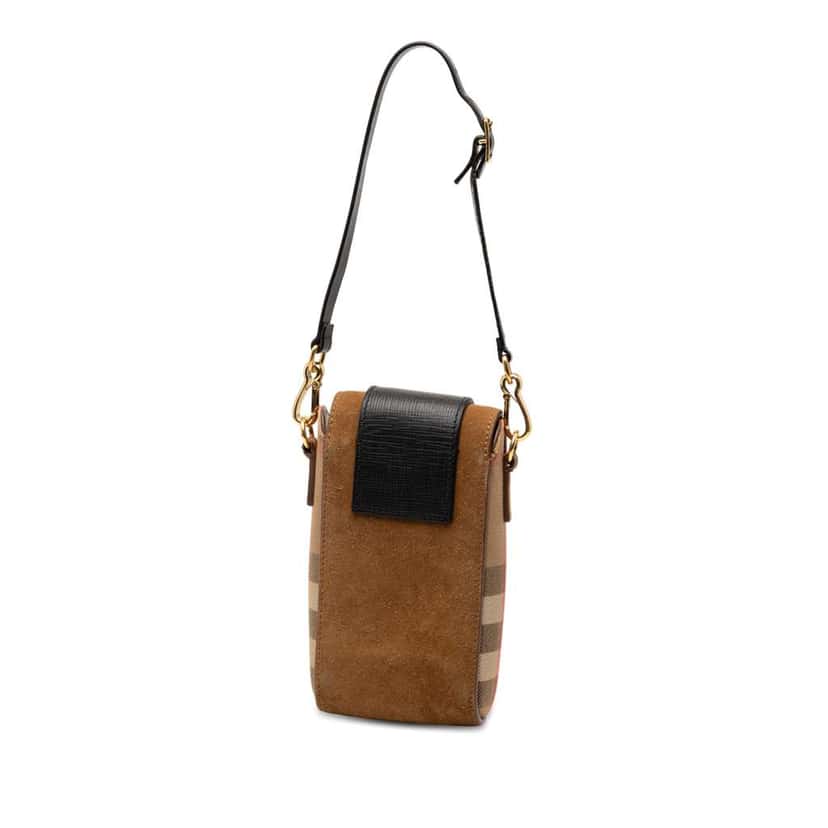 Burberry House Check Canvas and Suede Vertical Belt Buckle Handbag Brown Leather Good condition - Back View