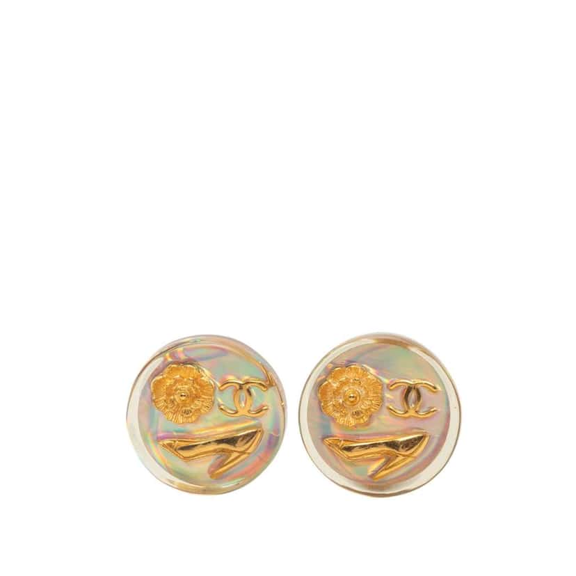 Chanel CC Gold Plated Resin Camellia Button Clip On Earrings White Very good condition - Front View