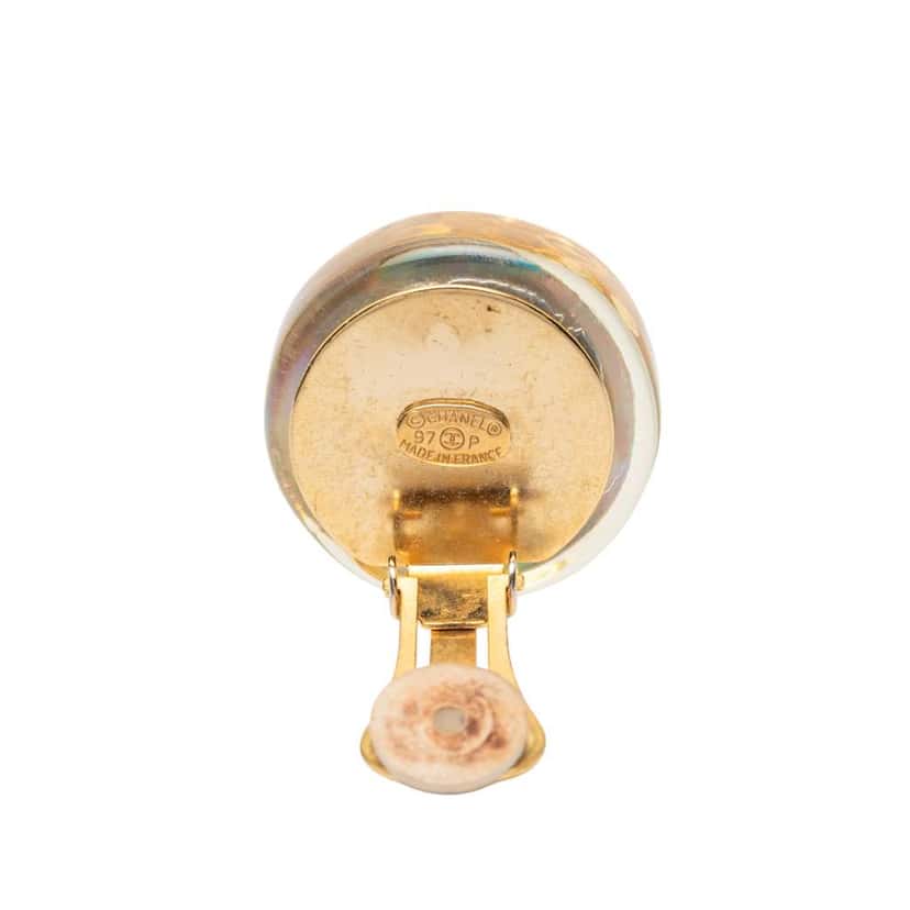 Chanel CC Gold Plated Resin Camellia Button Clip On Earrings White Very good condition - Inside View