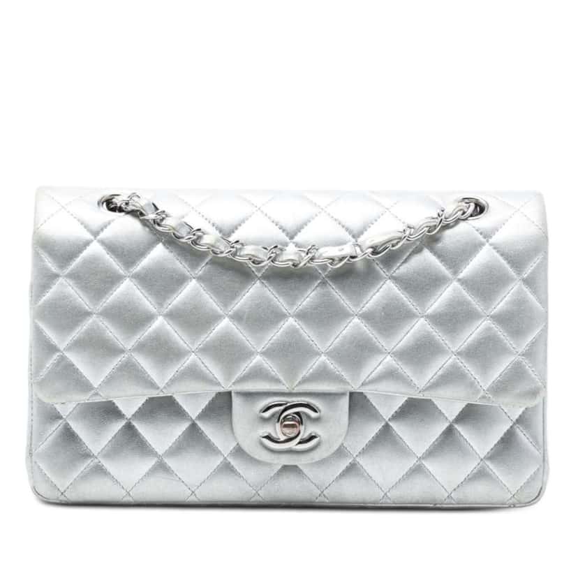 Chanel Medium Classic Metallic Lambskin Double Flap Silver Leather Good condition - Front View