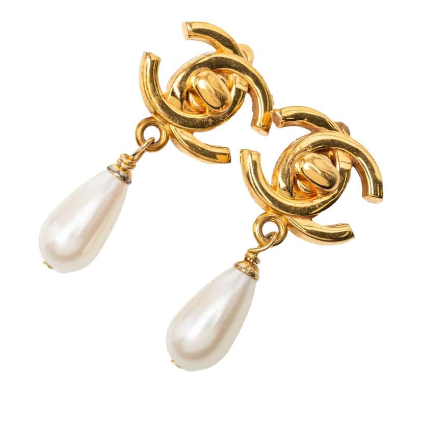 Chanel CC Gold Plated Faux Pearl Turn Lock Drop Clip On Earrings Gold Metal Good condition - Front View