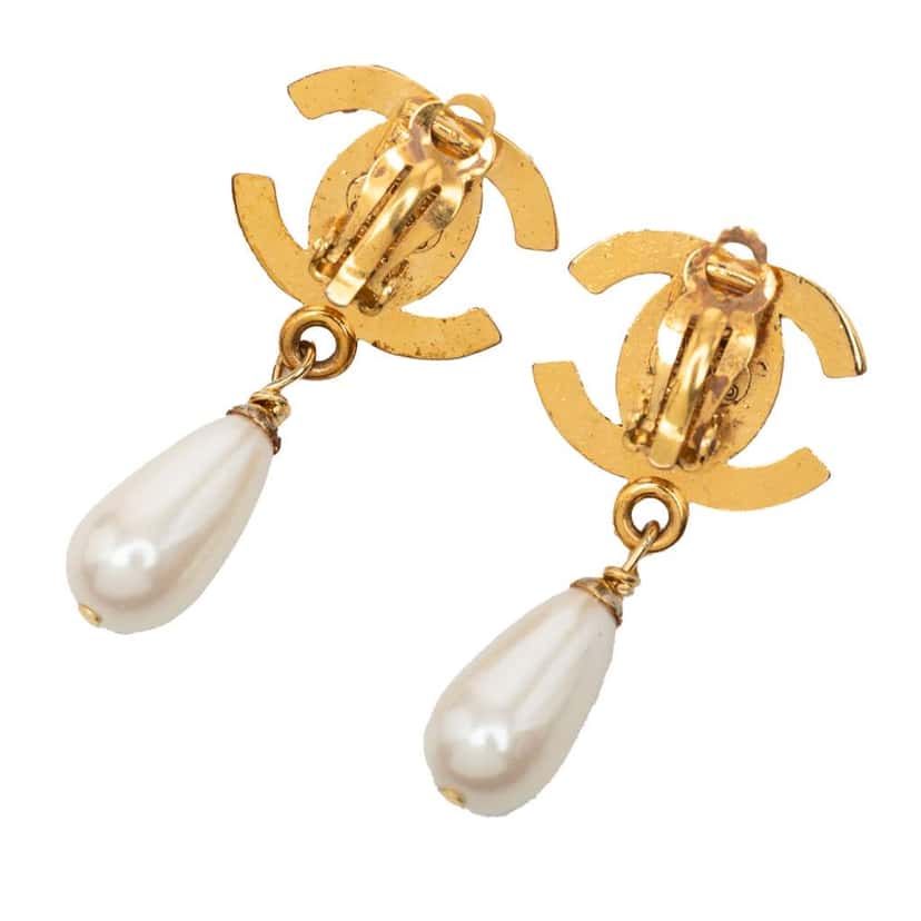 Chanel CC Gold Plated Faux Pearl Turn Lock Drop Clip On Earrings Gold Metal Good condition - Back View