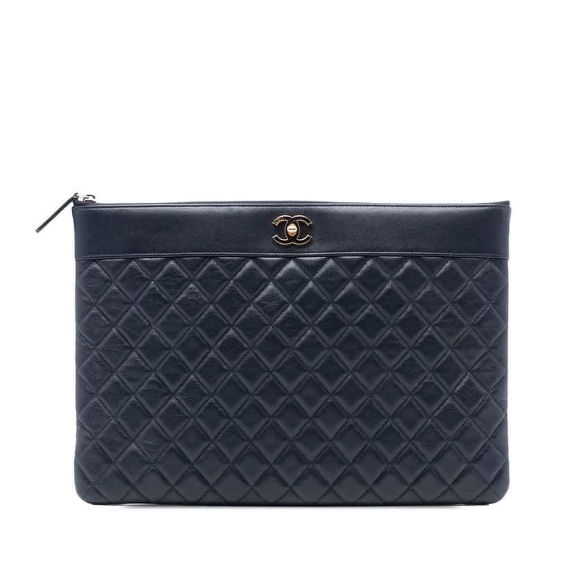 Chanel Large Quilted Sheepskin Mademoiselle O Case Clutch Blue Leather Good condition - Front View