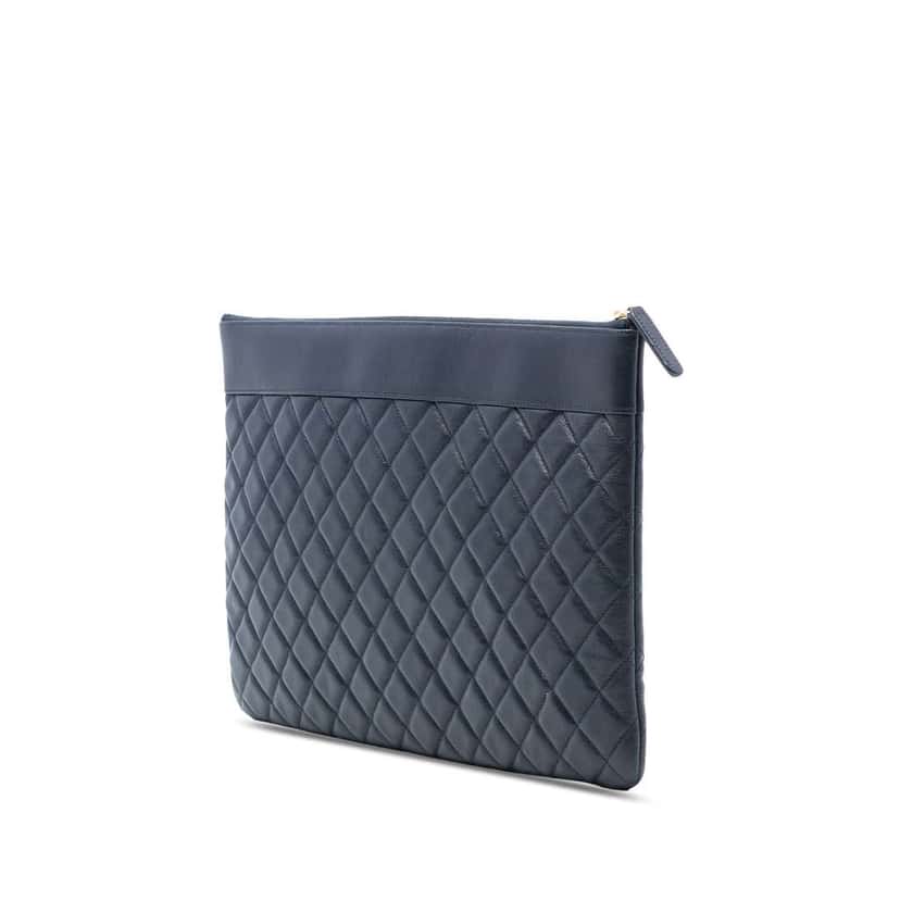 Chanel Large Quilted Sheepskin Mademoiselle O Case Clutch Blue Leather Good condition - Back View