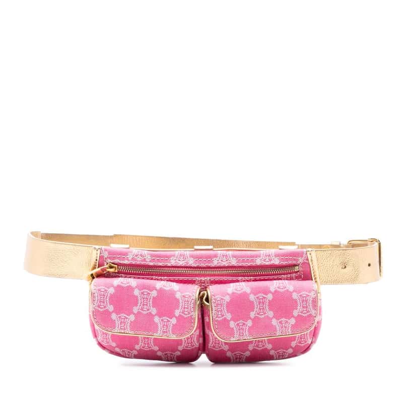 Celine Macadam Denim Double Pocket Belt Bag Pink Denim Very good condition - Front View