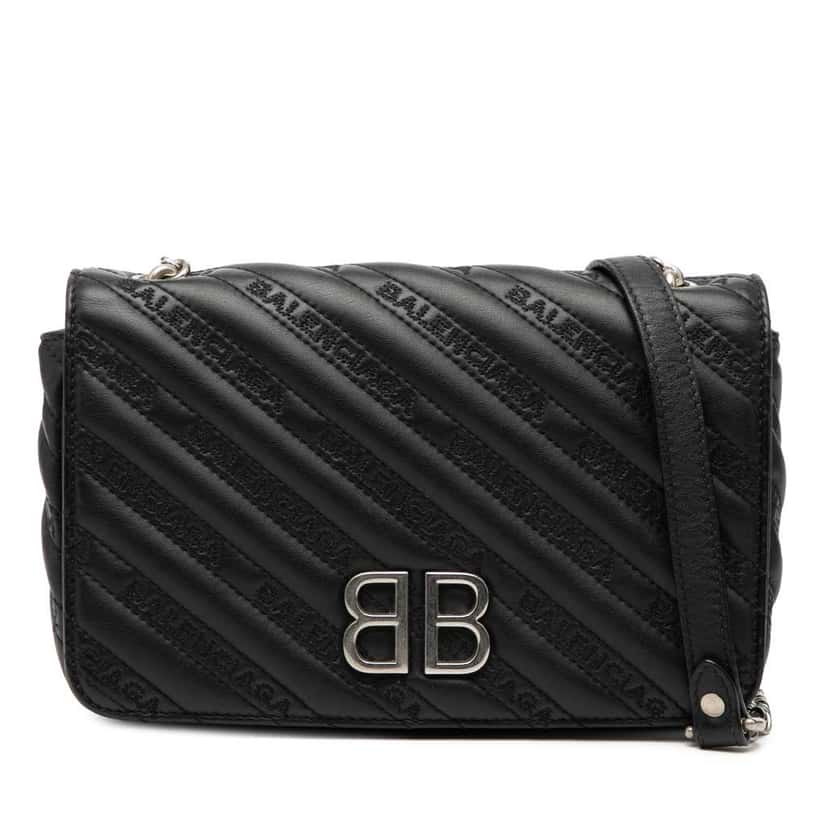 Balenciaga Embossed Leather Allover Logo BB Wallet on Chain Black Leather Very good condition - Front View