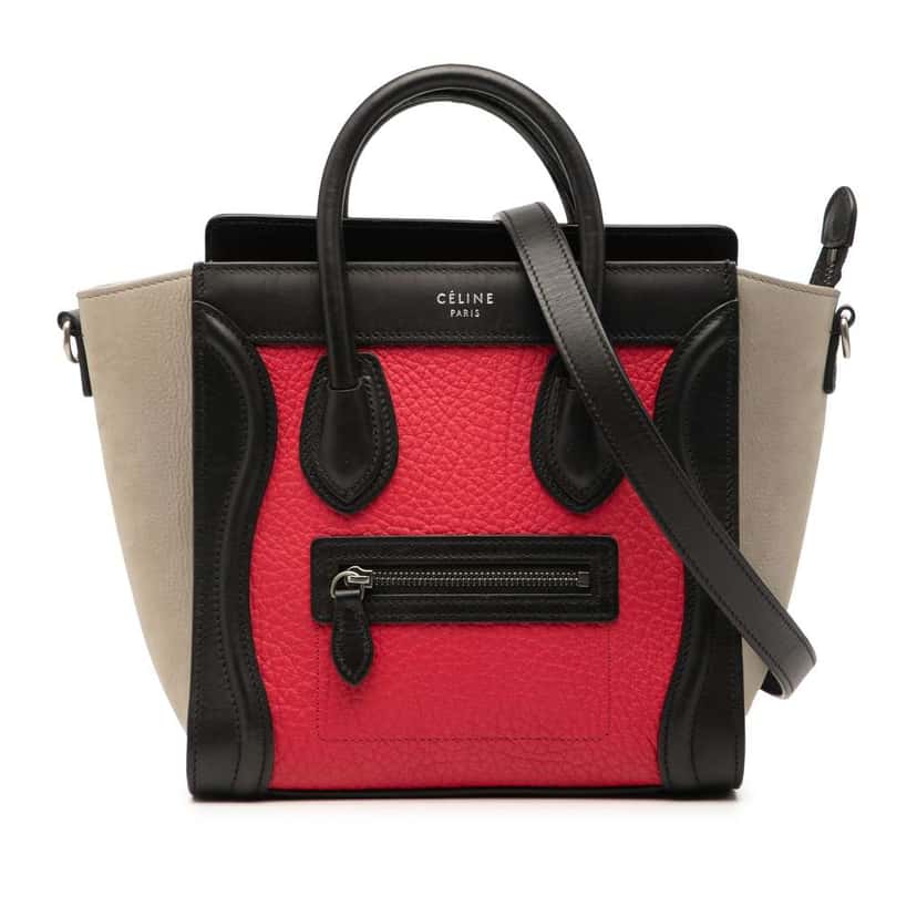 Celine Nano Tricolor Nubuck and Calfskin Luggage Tote Red Leather Good condition - Front View