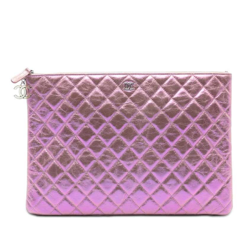 Chanel Large Quilted Iridescent Calfskin O Case Clutch Pink Leather Good condition - Front View