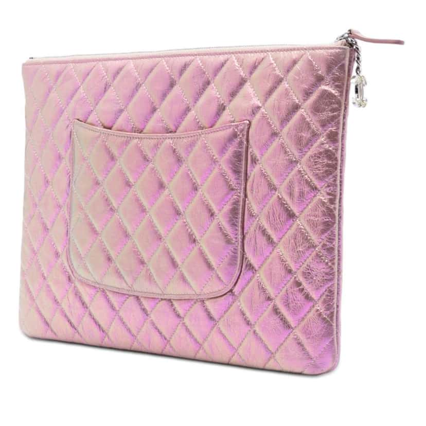 Chanel Large Quilted Iridescent Calfskin O Case Clutch Pink Leather Good condition - Back View
