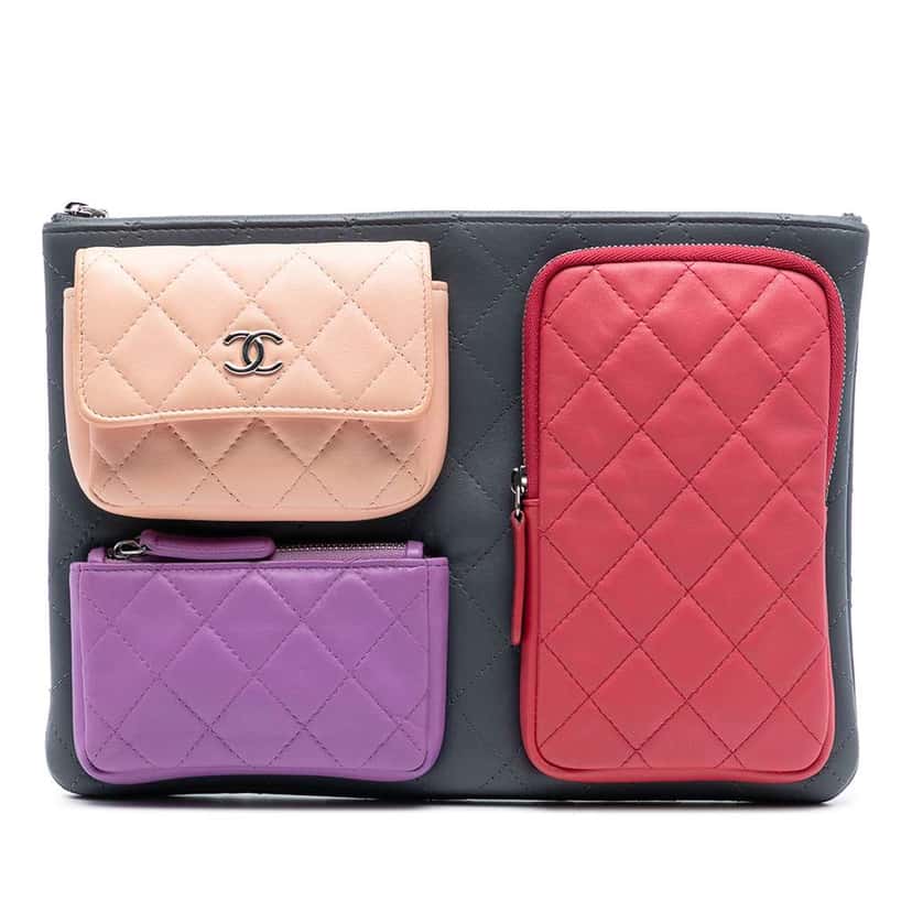 Chanel Medium CC Quilted Lambskin Extra Space O Case Clutch Grey Leather Good condition - Front View
