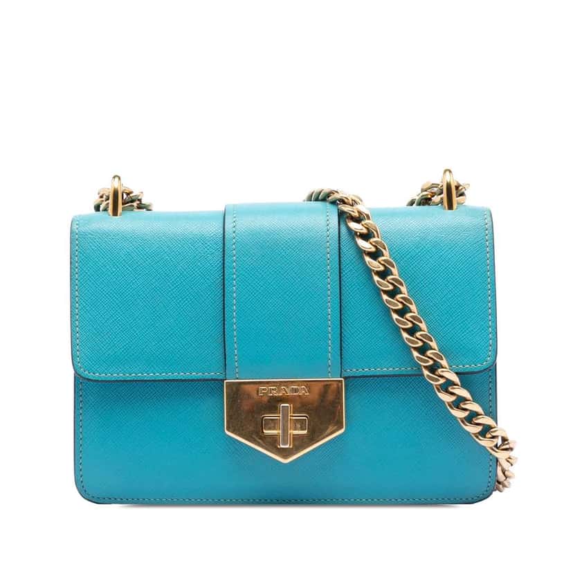 Prada Saffiano Lux Turnlock Chain Crossbody Blue Leather Very good condition - Front View