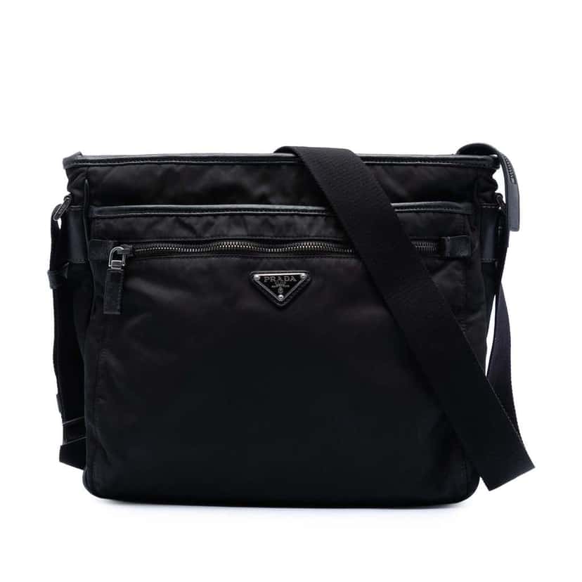 Prada Saffiano Trimmed Tessuto Zip Top Crossbody Black Fair condition - Front View