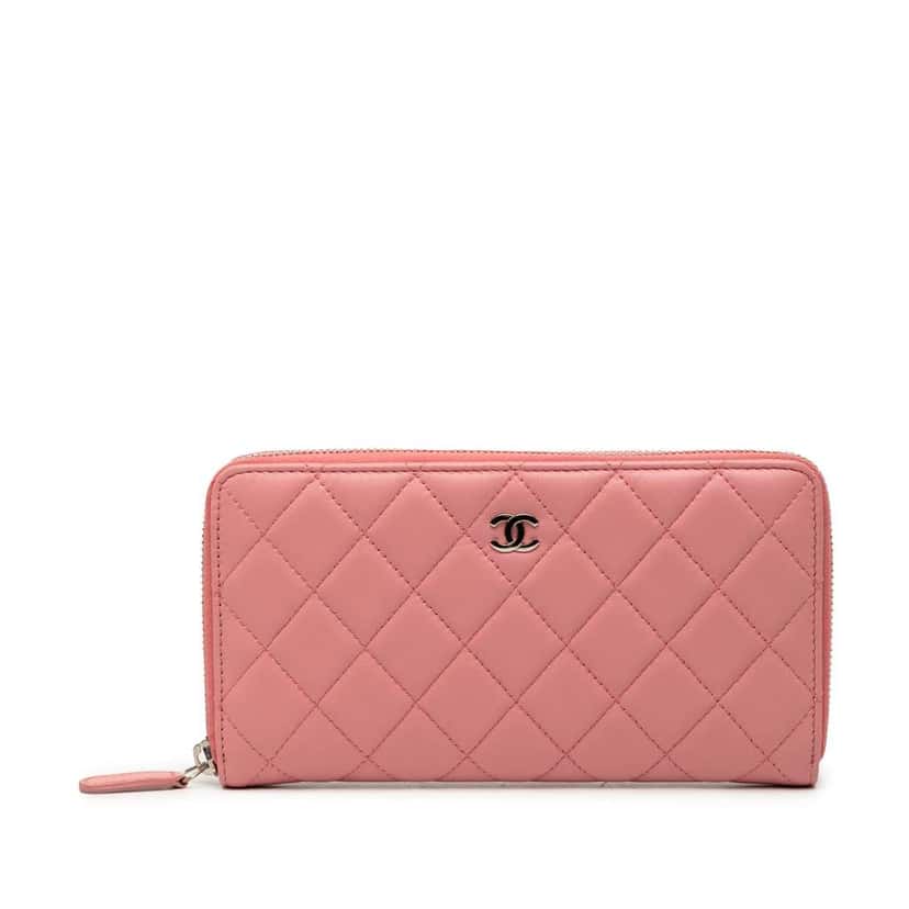 Chanel Quilted Lambskin Zip Around Long Wallet Pink Leather Very good condition - Front View