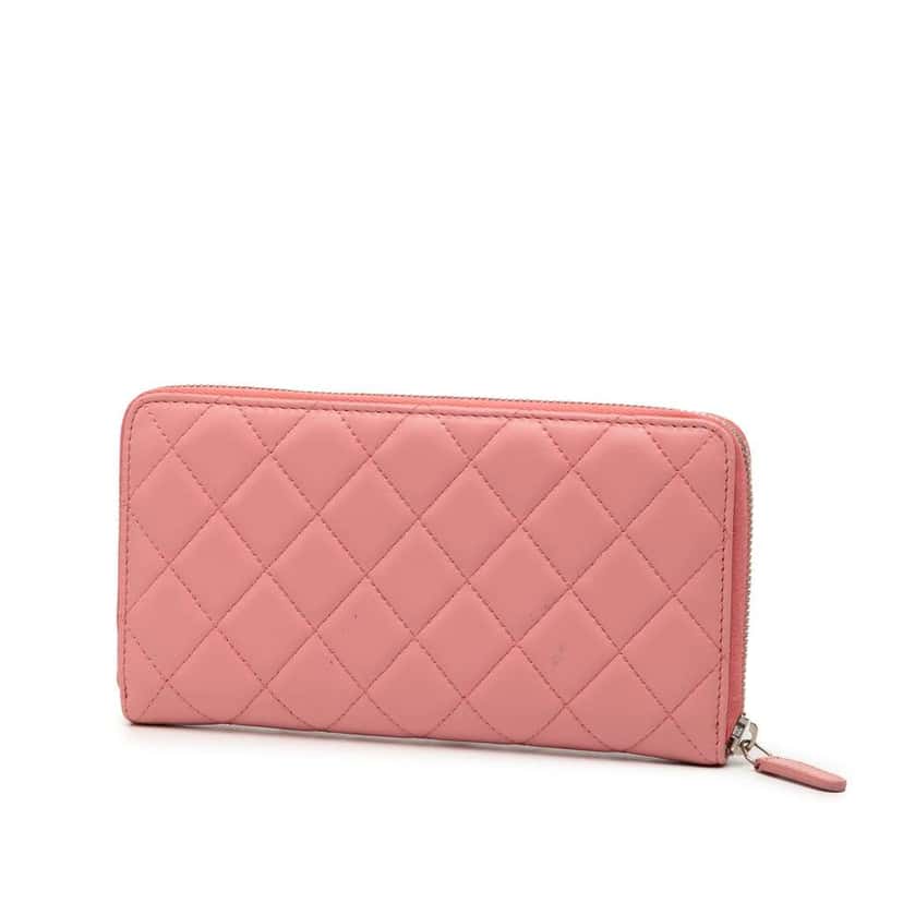 Chanel Quilted Lambskin Zip Around Long Wallet Pink Leather Very good condition - Back View