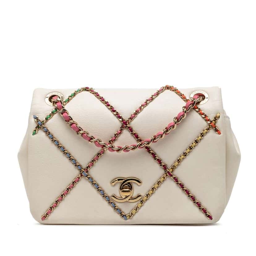 Chanel Small Lambskin Entwined Chain Flap White Leather Good condition - Front View