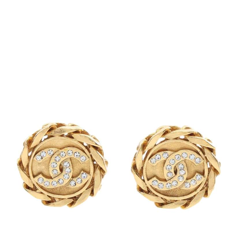 Chanel CC Gold Plated Rhinestone Round Clip On Earrings Gold Metal Good condition - Front View